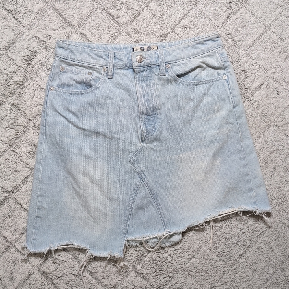 Free People Going Rouge Denim Skirt Women's 28 Light Blue Asymmetric Tidal Wave